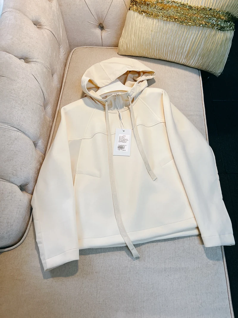 Début de l'automne 2024 Sweat à capuche décontracté en coton pour femme Coupe ample Blanc Haut polyvalent Briti Sle Sweat-shirt Coton confortable...