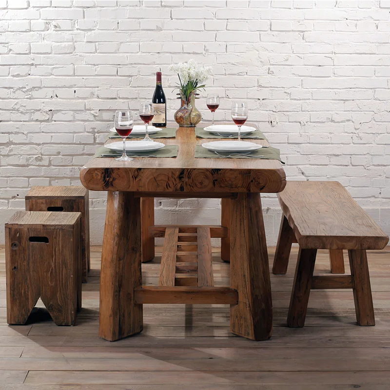 

Ancient elm feelings old elm dining table, log six people all solid wood furniture, multi-functional rectangular tea table