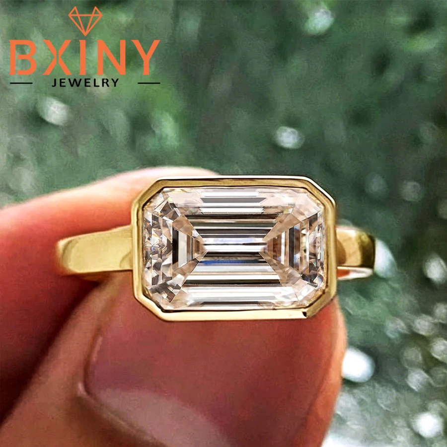 

BXINY East-West Bezel Set 2CT Emerald Cut Moissanite Ring S925 Silver For Women Solitaire Diamond Wedding Band Fine Jewelry Gift