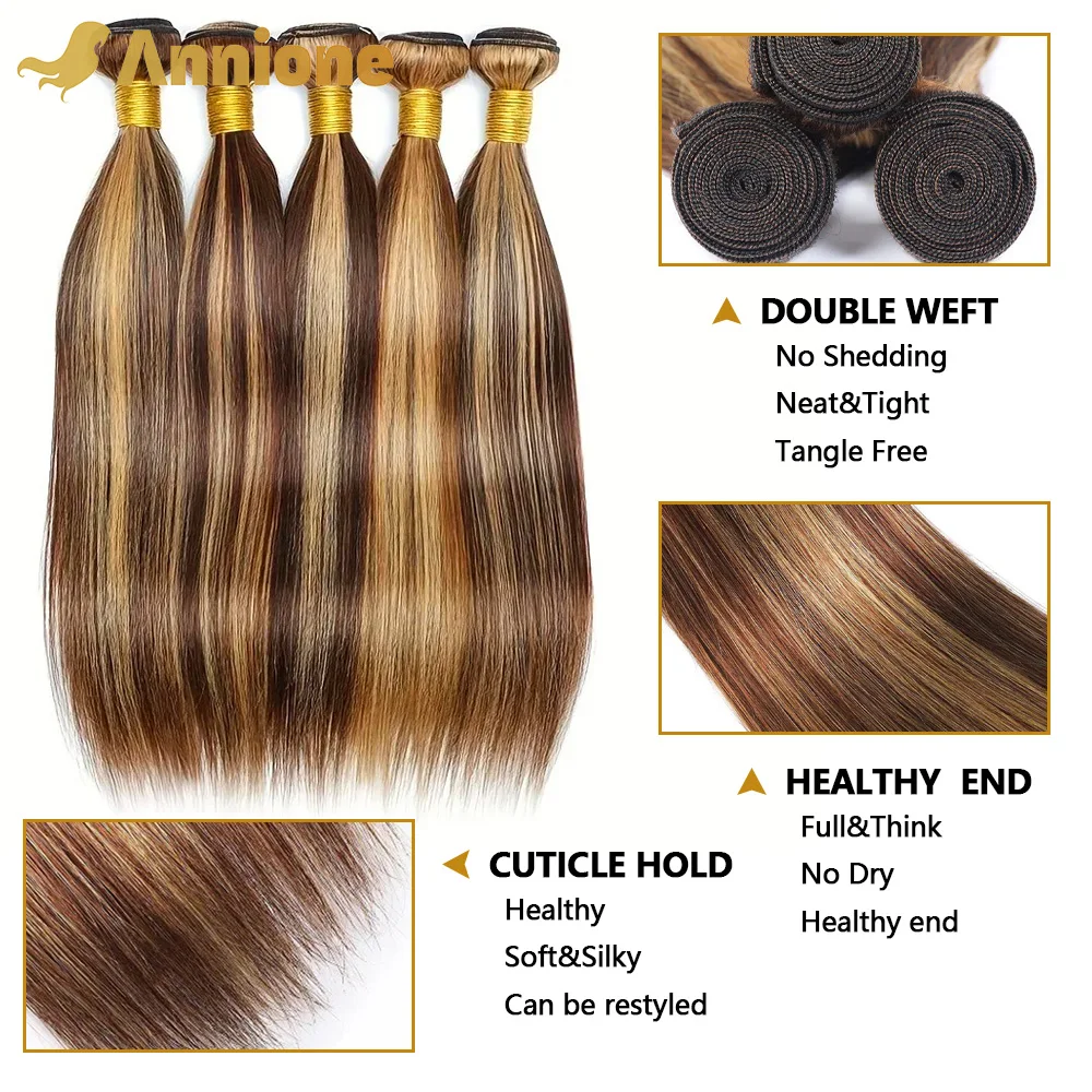 Extensiones de cabello humano brasileño para mujer, mechones rectos resaltados, color ombré, rubio miel, 12A, P4/27