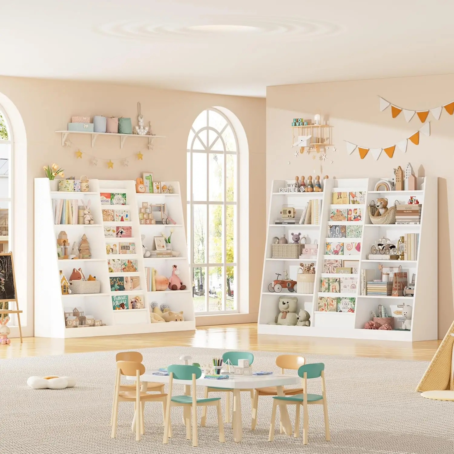 Étagère à livres en bois pour chambres d'enfants, super grande étagère à livres, 7 manches à élingue profonde, 10 supports en bois, rangement de jouets, 58 livres en effet