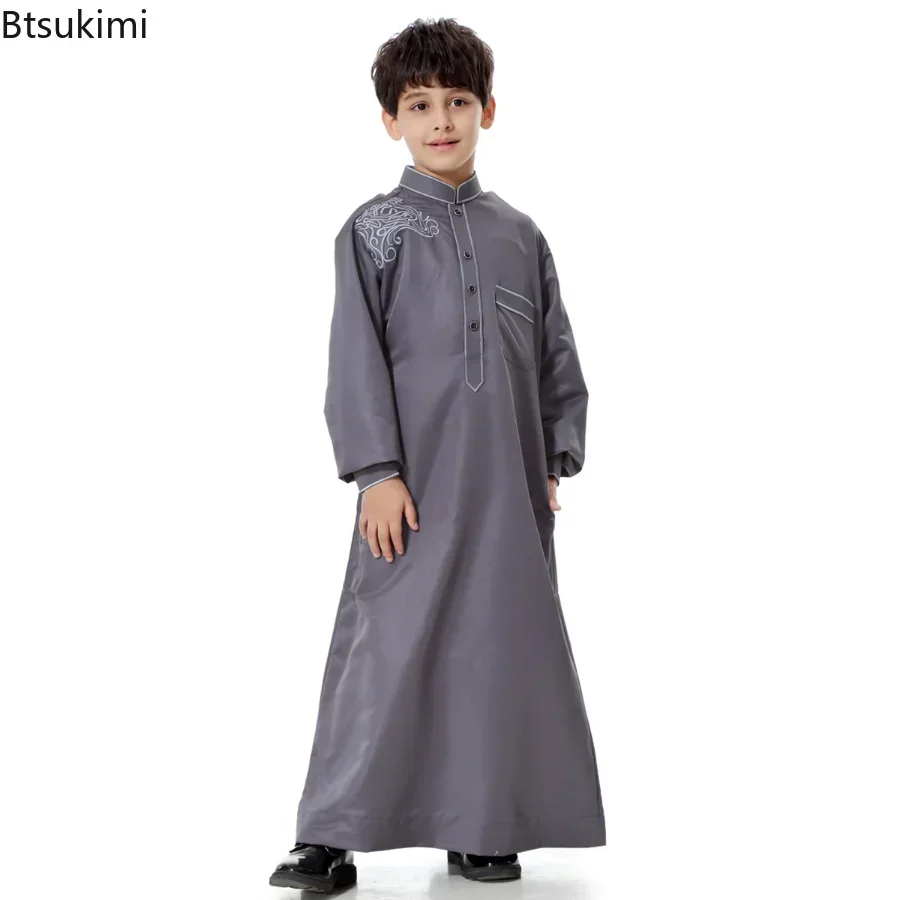 2026 Muslim Boy Kids Dress Saudi Robe Jubba Thobe Daffah Arab Islamic Clothing Casual Loose Abaya Ramadan Thawb Middle East Gown