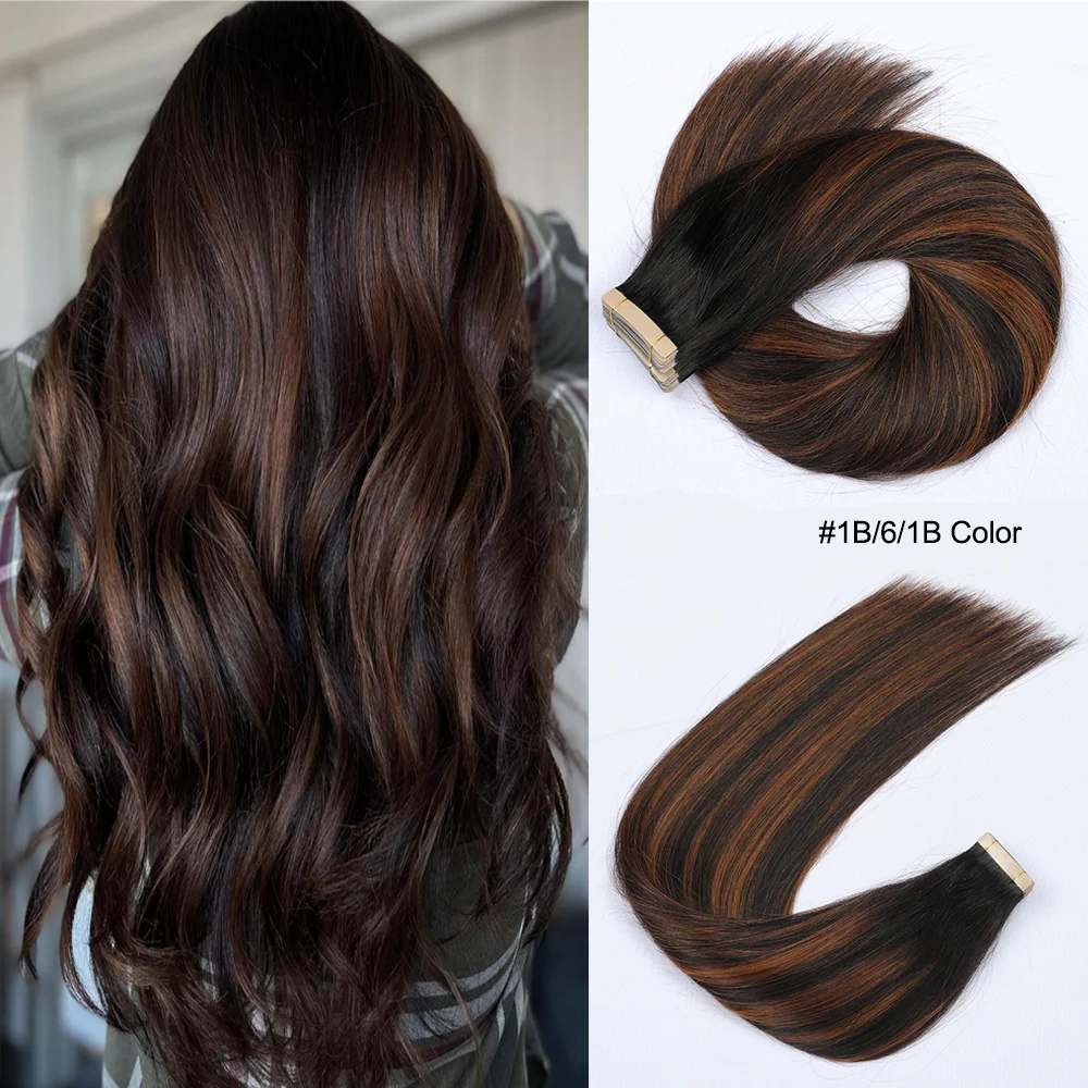 Tape In Hair Extensions 100% Remy Hair Balayage Color Natural Black To Brown #1B/6/1B Regular Replaceable Tape 14