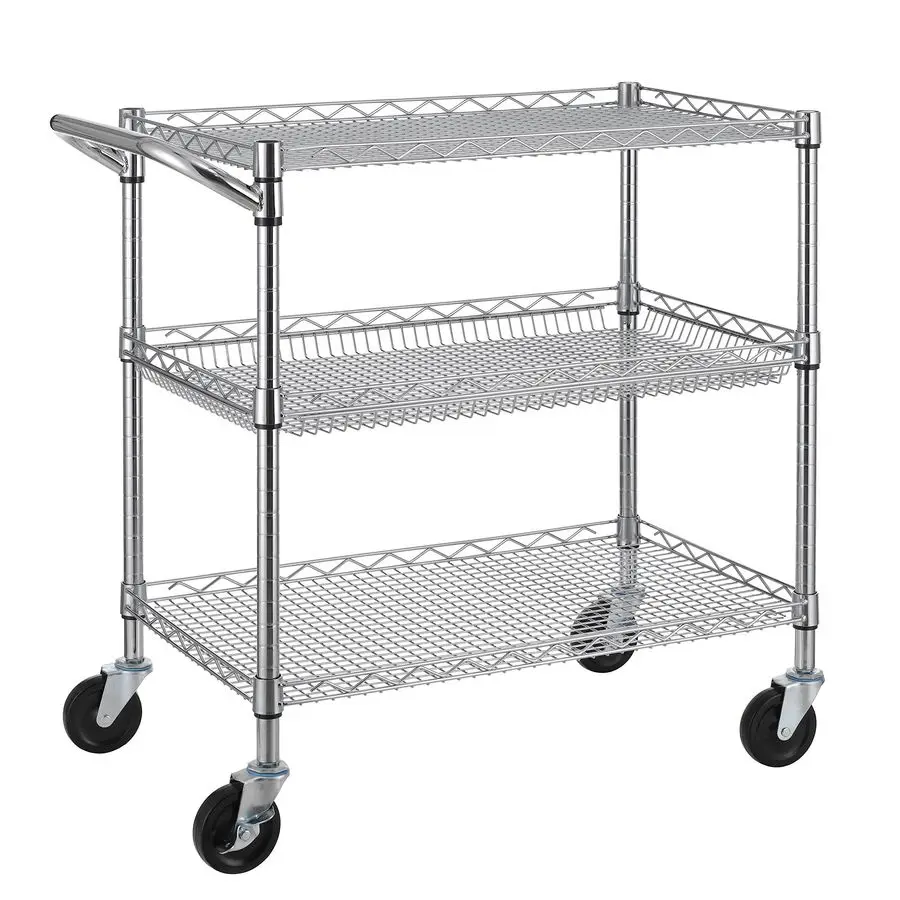 

3 Tier Heavy Duty Commercial Grade Utility Cart, Wire Rolling Cart with Handle Bar, Steel Service Cart with Wheels, Utility Shel
