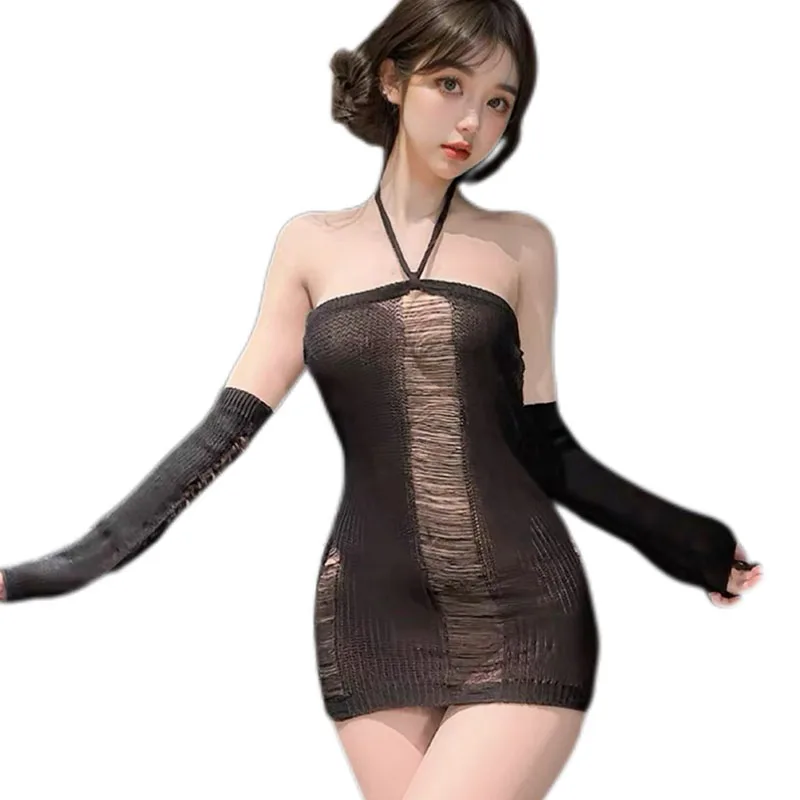 

Winter Anime Hollow Out Sweater Dresses For Women Sexy Underwear Tight Backless Halter Bandage See Through Role Play Nightdress