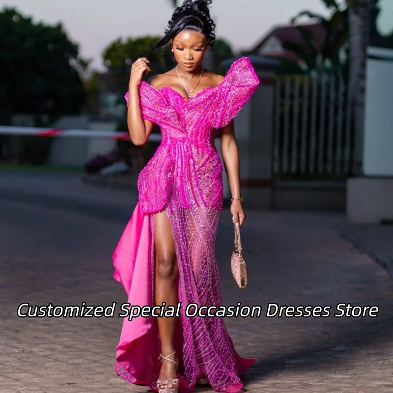 الأرجواني انظر من خلال الترتر عالية سبليت فساتين لحضور الحفلات الموسيقية رائعة قبالة الكتف فستان حفلات الزفاف فساتين السهرة النساء حسب الطلب