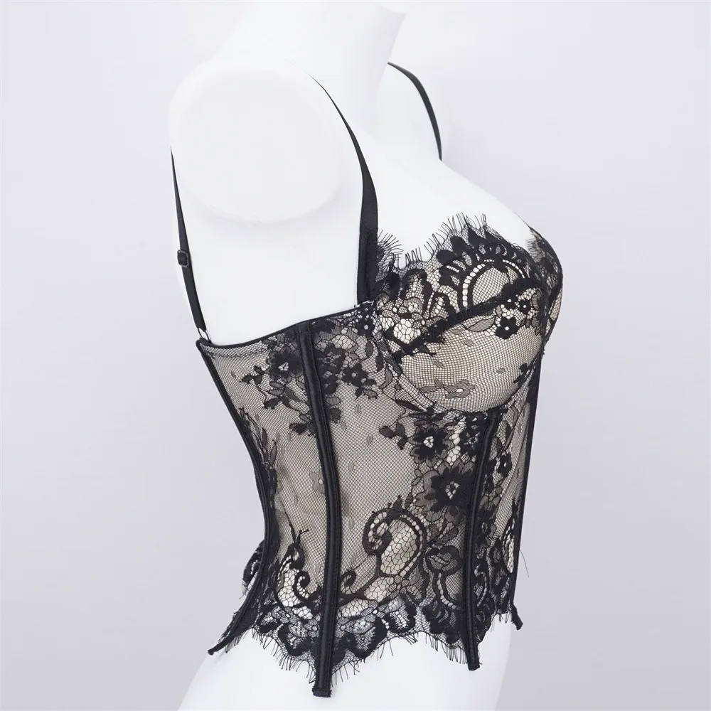Spicy Girl Style Hollow Lace Camisole Slim fit Sleeveless Crop Tops Transparent Tanks Lace Corset Travel