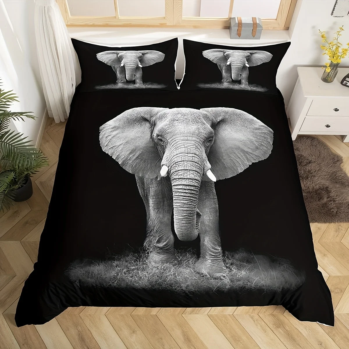 Duvet Cover Set Gray Bohemian Elephant Print Bedding Set Soft Comfortable Duvet Cover For Bedroom Guest Room