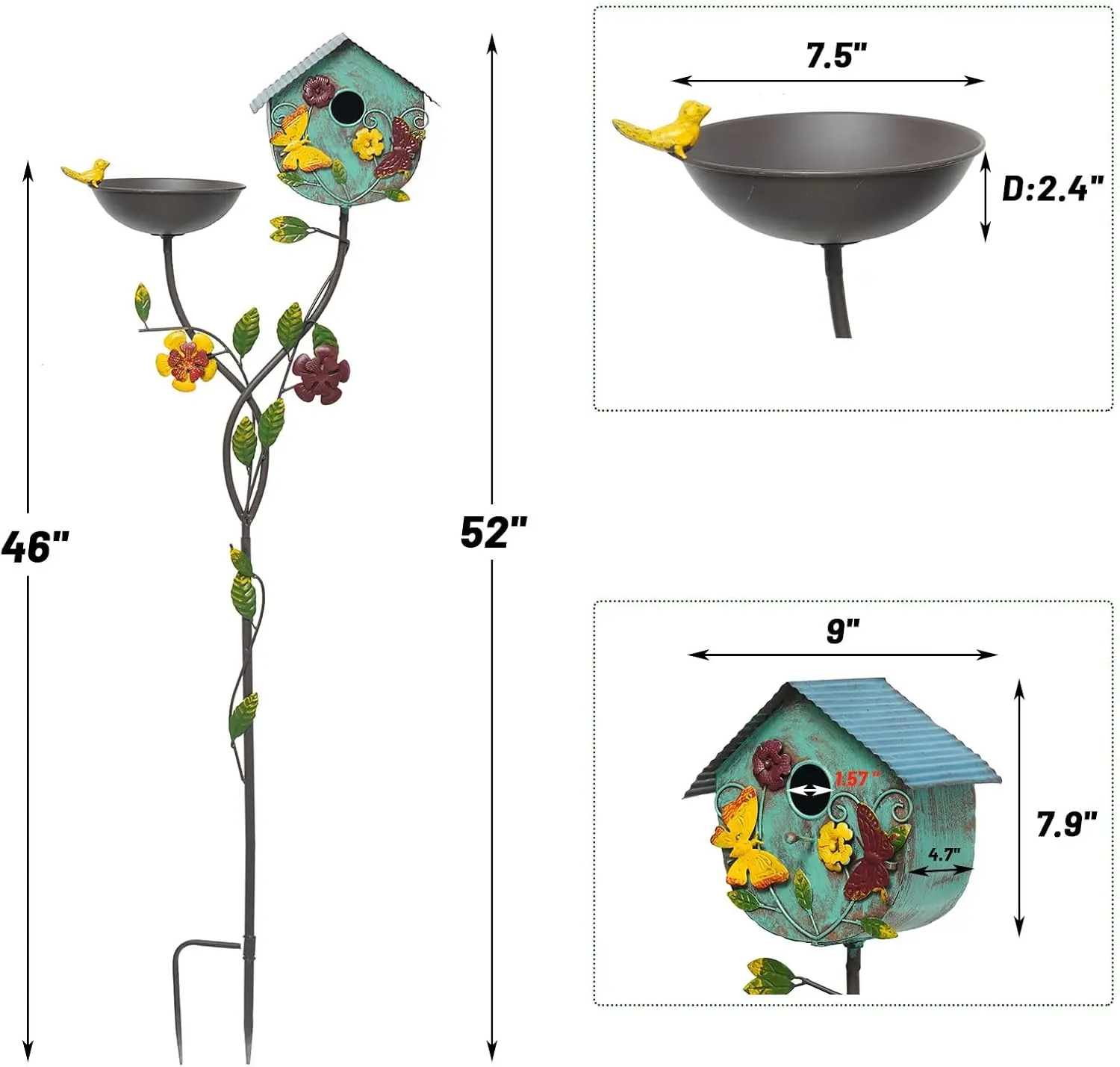 حمام طيور معدني مقاس 52 بوصة مع منزل على القطب، ديكور حديقة خارجي للطيور، مقاوم للصدأ وزخرفة ساحة متينة