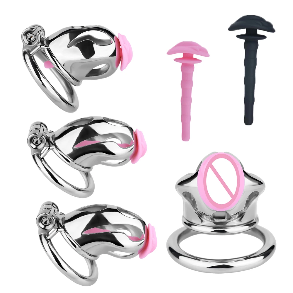 FRKO Silver Metal Steel Cobra Chastity Cage With Real Pussy Silicone Urethral Catheter Detachabel CBT Penis Lock Cage SM Sex Toy