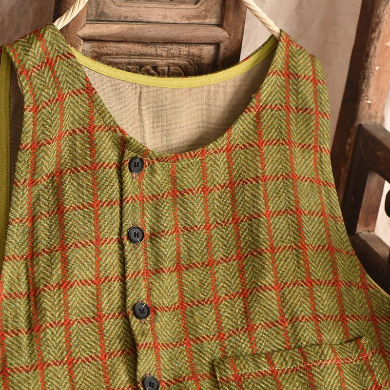 Nuove donne calde di vendita Vintage Plaid gilet cotone lino cappotti primavera nuove tasche con bottoni senza maniche allentato stile cinese gilet cappotti