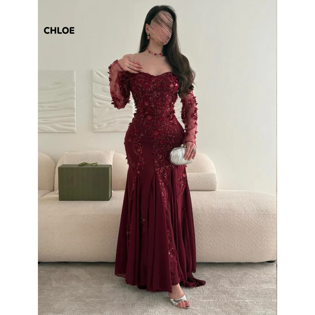 

Customized Very Luxurious Evening Dresses High Quality High Quality Fish Tail Evening Dress 2025 Luxury 3D Flowers Burgundy Prom