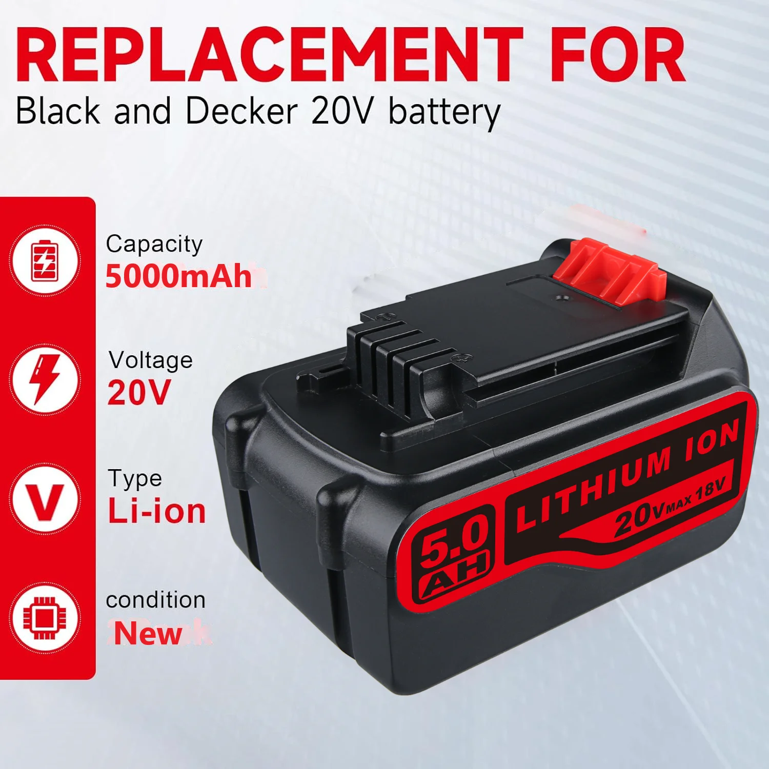 แบตเตอรี่ 1/2/4 ชิ้น 5.0Ah LB2X4020 ใช้แทนแบตเตอรี่ Black & Decker 20V Li-ion รุ่น LBX20 LBXR2020-OPE LBXR20B-2 LBX4020 LST220 สำหรับเครื่องมือไฟฟ้า