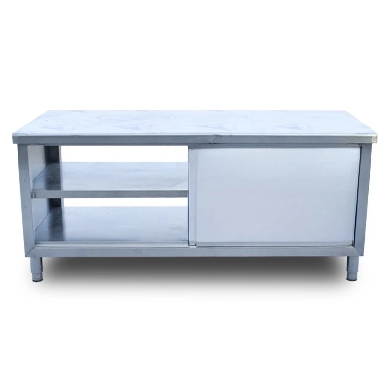 Large Capacity Double Layer Thickened Stainless Steel Sliding Door Workbench Kitchen Console Commercial Catering Equipment