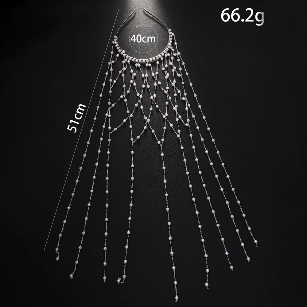 Fashion Imitation Pearl Tassel Headpiece Tiara Women Wig Jewelry 2025 Hollow Mesh Bridal Hair Chain Headband Wedding Accessories