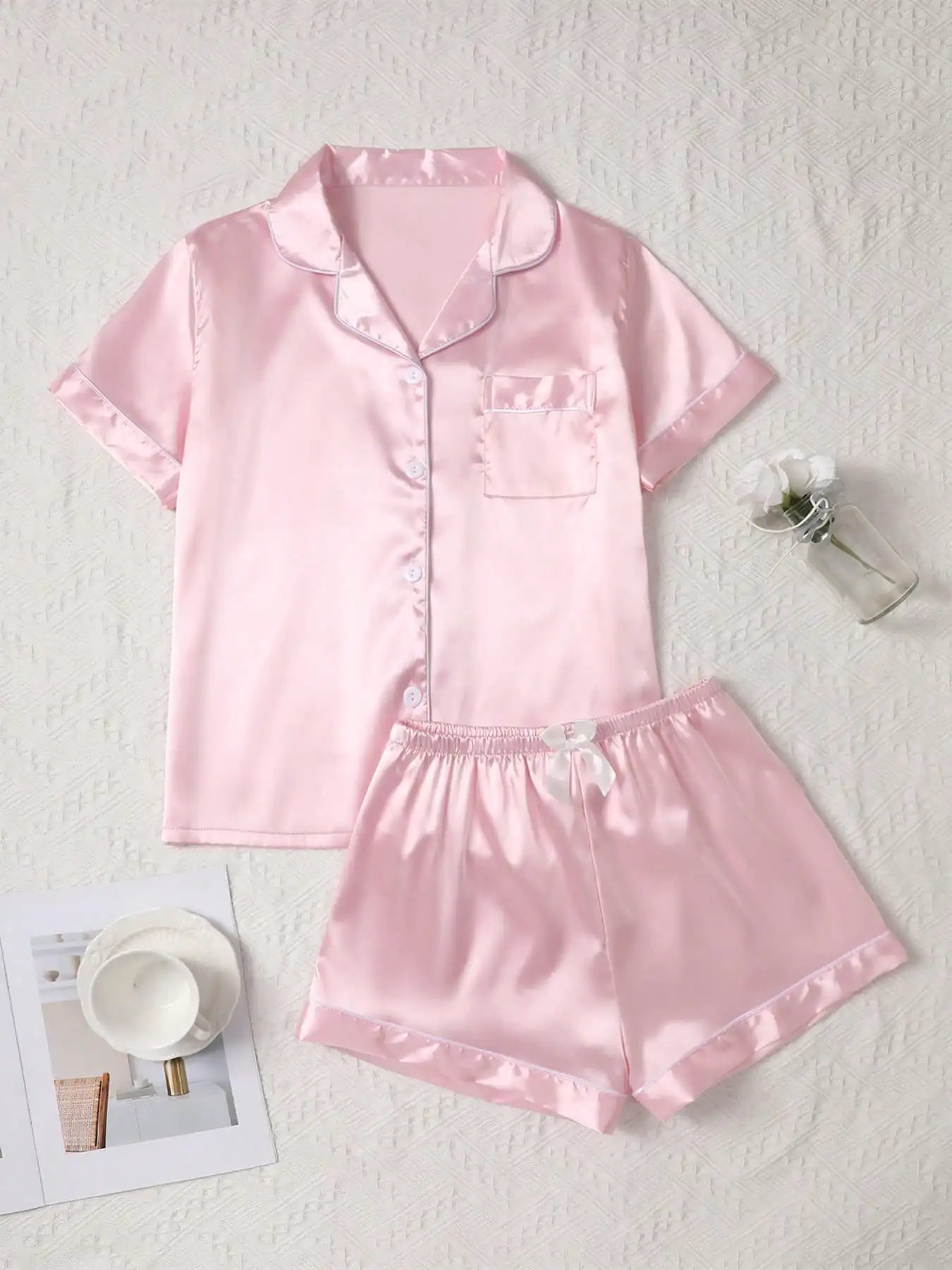 

Women's Pink Satin Pajama Set - Short Sleeve Button-Up Top & Shorts with Trim