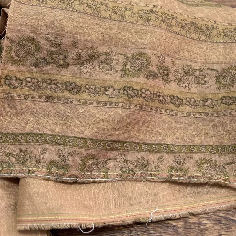 

1yard High end pure flax tecidos fabric Striped flowers printing telas shirt dress cheongsam fabrics for clothing