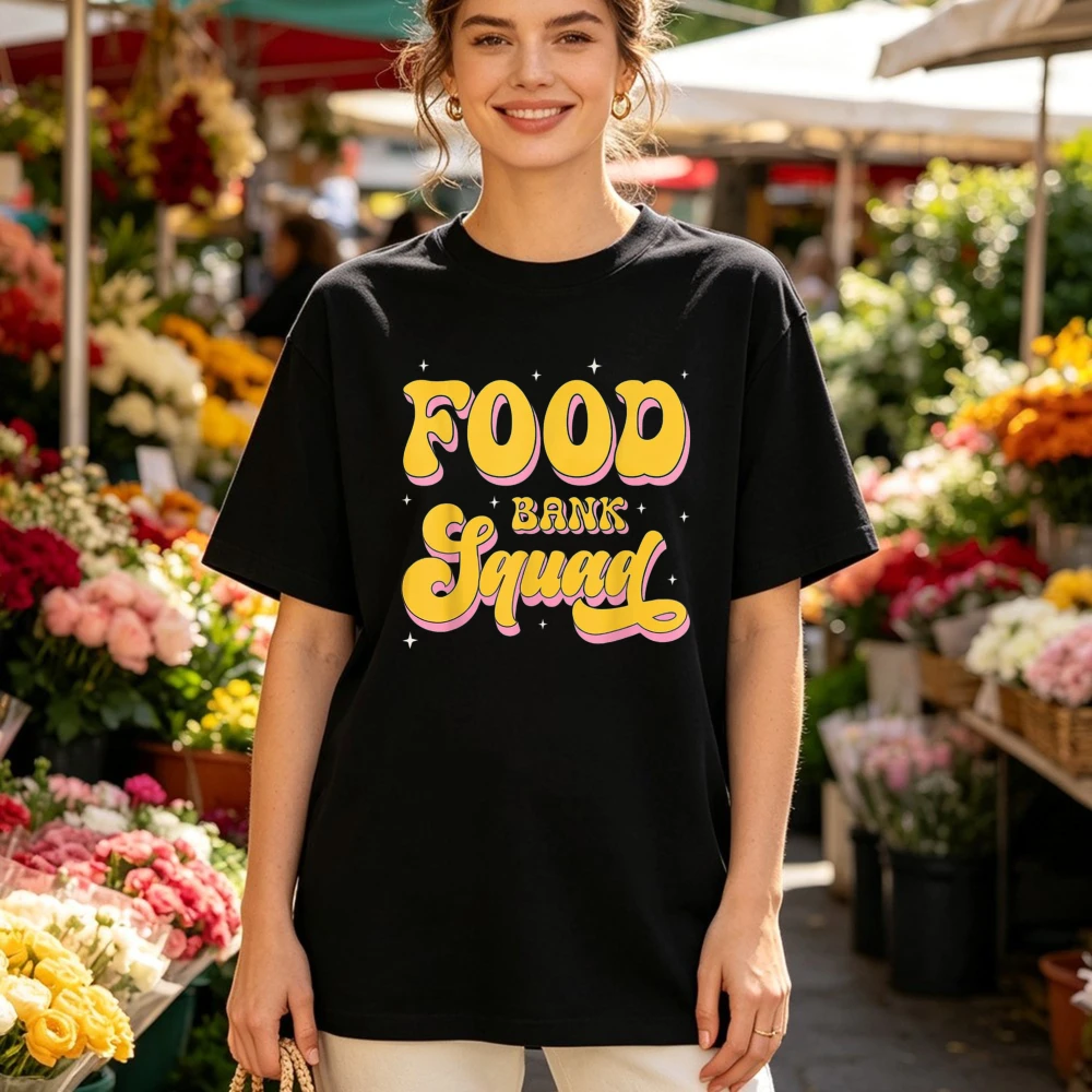 T-shirt en coton pour femme Food Bank Squad, style rétro avec slogan « Bubble Script Volunteer », unisexe, tendance, pour groupes caritatifs et communautés, décontracté