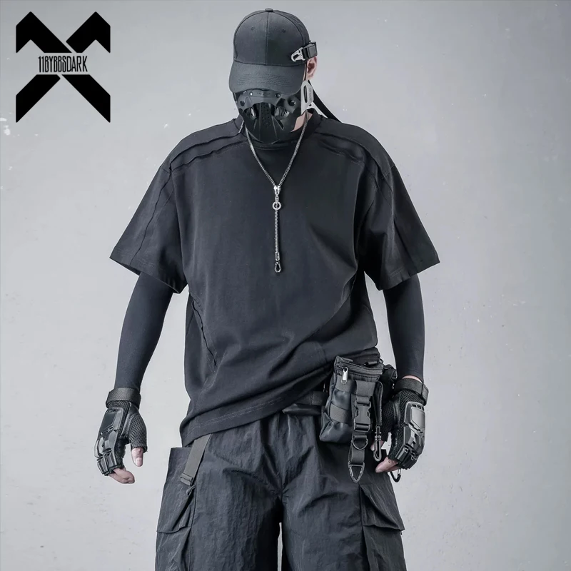 Mens‘s Patchwork T-Shirt Techwear Functional T Shirt 2026 Summer Streetwear Harajuku Tshirt Tees Tops Black