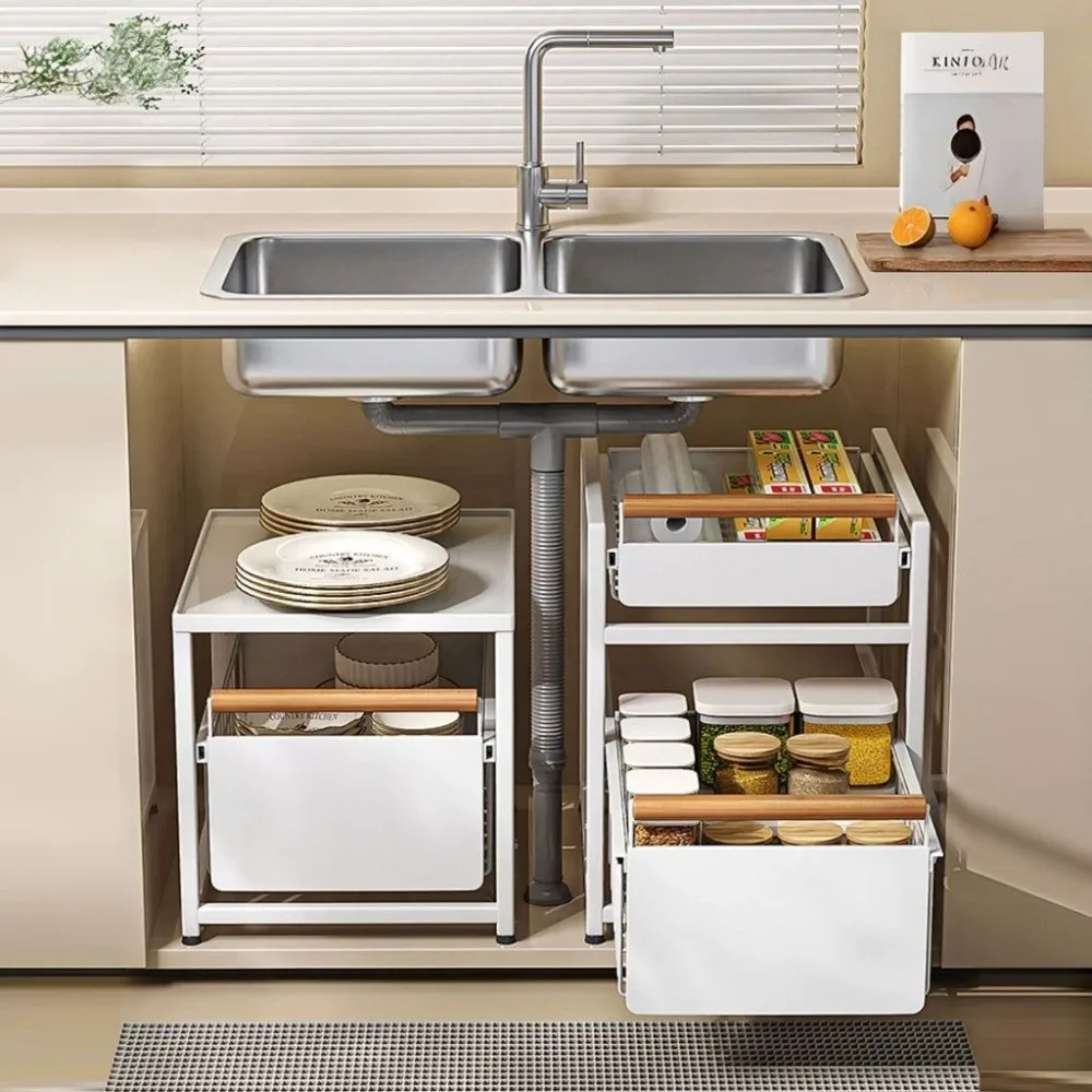 

Pull Out Drawer Basket Rack Sliding Double-layer Under Sink Rack Organizer with Wooden Handle Kitchen Storage Rack