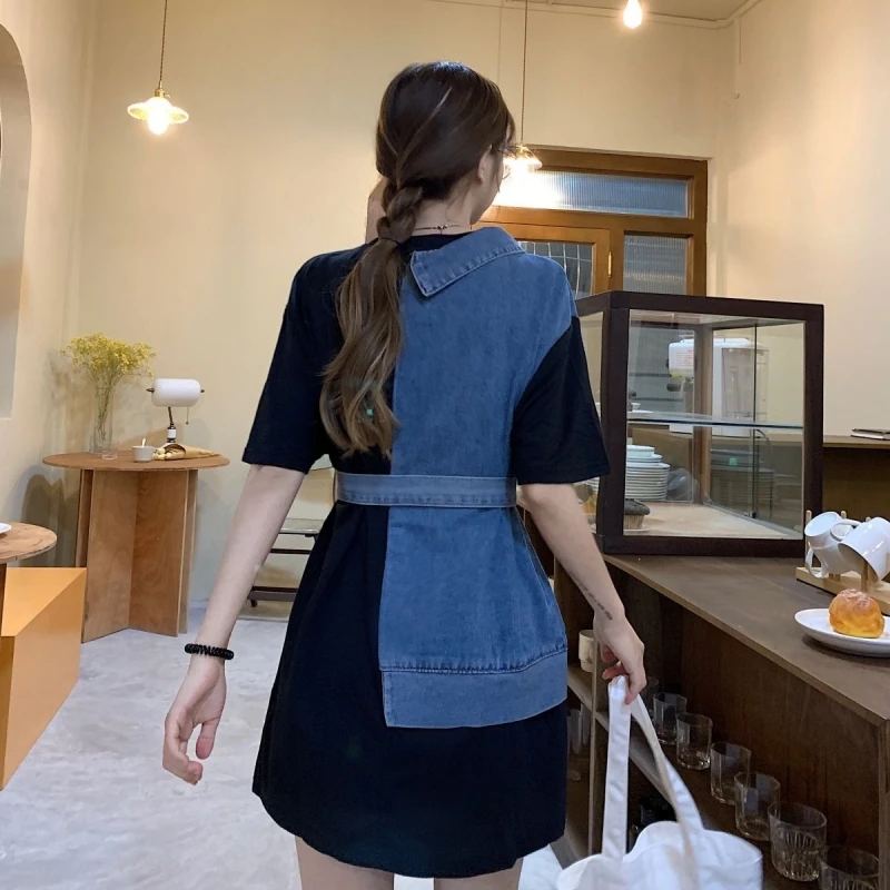 2025 Zuid-Koreaanse Denim Splicing Jurk Ronde Hals Korte Mouw K Mode Vrouwen Taille Aanscherping Onregelmatige T-shirt Rok