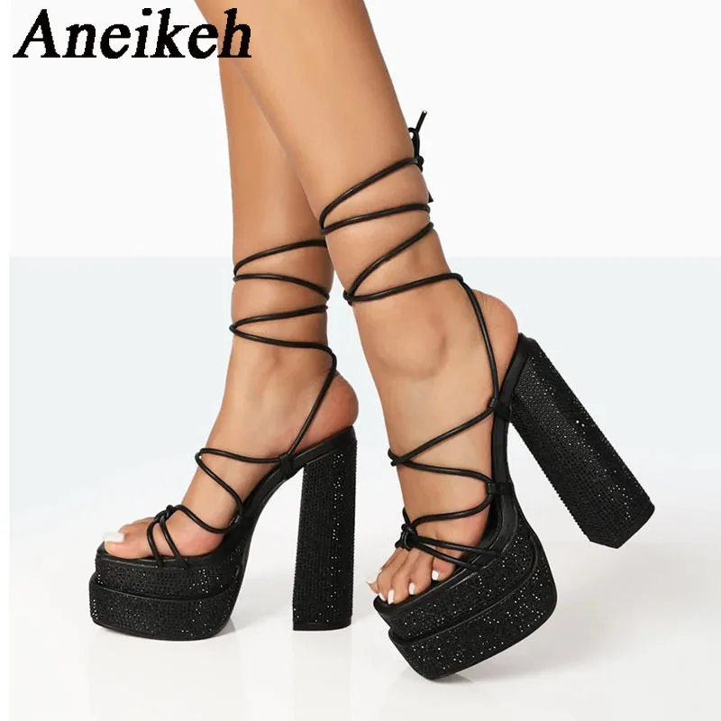 Aneikeh 2024 Fashion Sexy Platform Super High Heel Women\'s PU Open Toe Crystal Edging Thick Heel Lace up Sandals Party Nightclub