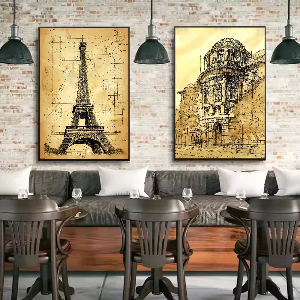 Vintage Architecture Drawings Poster HD art canvas painting home living room bedroom bar aesthetic decoration