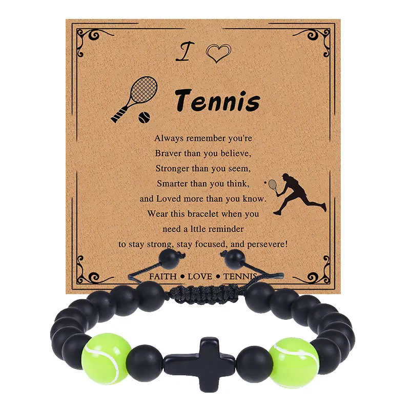 Tennis Football Bracelets Black Matte Beads Bracelet for Boys Grandson Son Player Sports Bracelet Gifts with Message Card