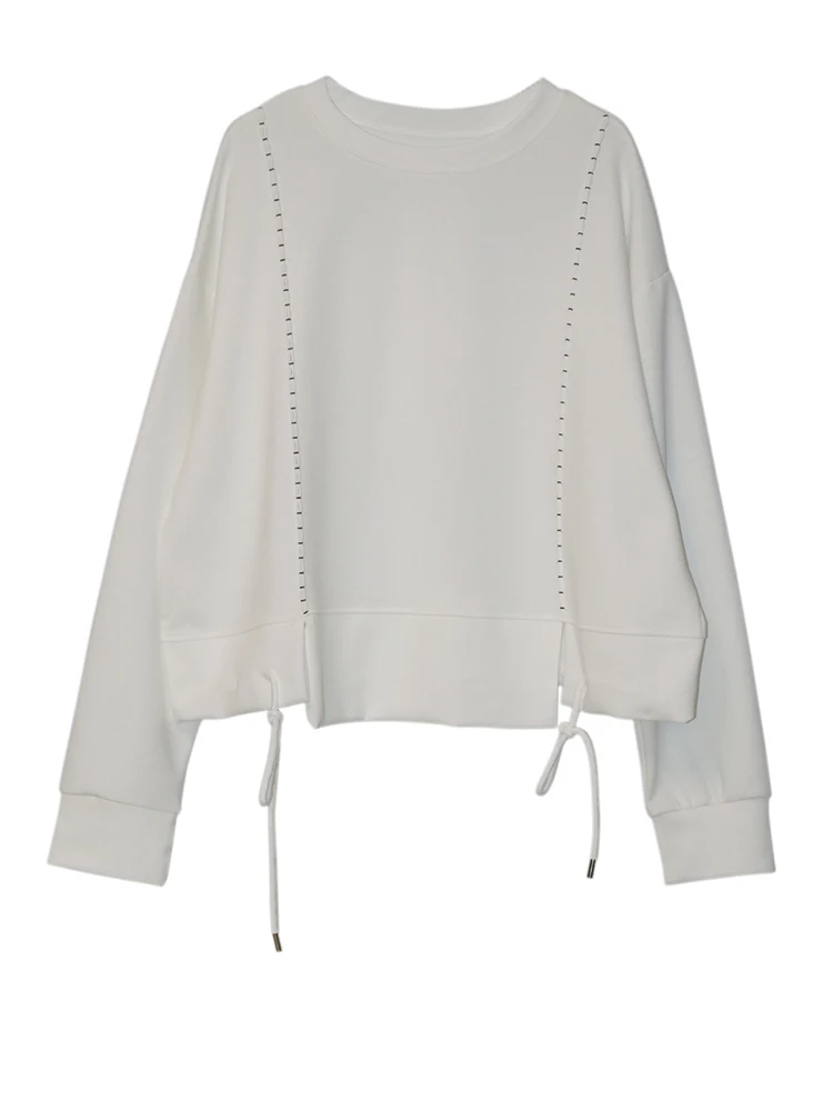 [EAM] Black Topstitched Big Size Casual Sweatshirt New Round Neck Long Sleeve Women Fashion Tide Spring Autumn 2026 1DK0315