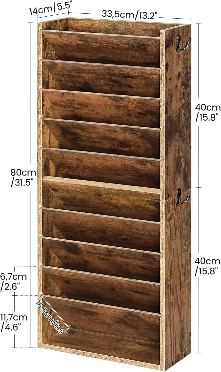 10-Tier Wall Mount File Organizer with Removable Shelves and Side Hooks, Rustic Brown Wooden Office Storage