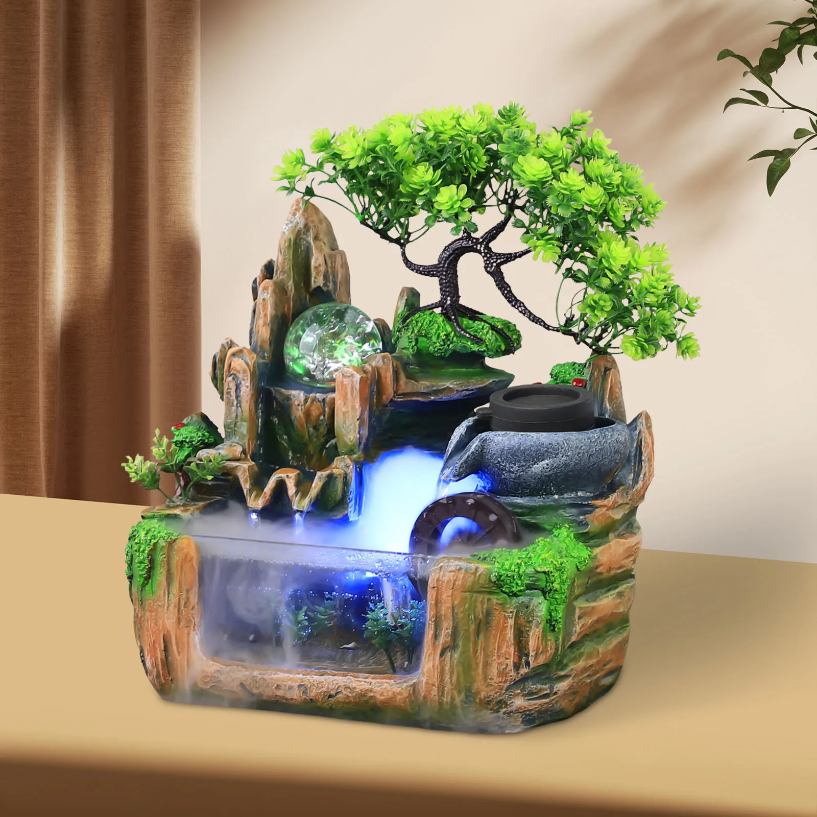 Fuente de agua de balancín pequeña con luz LED y efecto de niebla, elegante decoración de mesa interior para el hogar, la oficina, la sala de estar, el dormitorio
