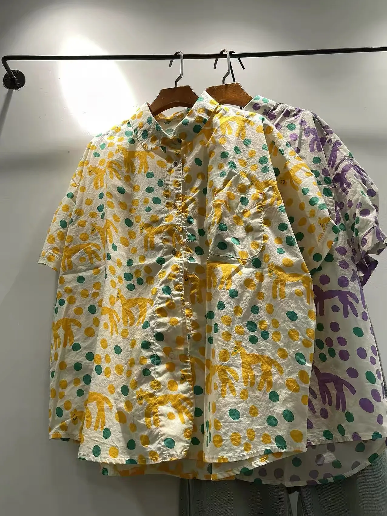 Harajuku fashion Cotton Playful Polka Dot Print Shirt for Women Japanese Style Casual Loose Blouse with Cute Animal Pattern
