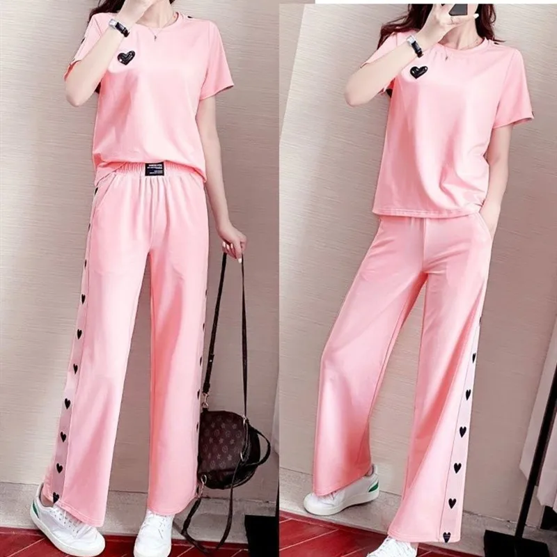 2022 Summer New Plus Size Leisure Sports Women\'s Suit Pink Love T-shirt Loose Wide Leg Pants Two-piece Set Female Tracksuit