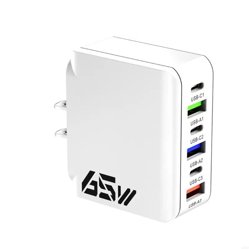 Travel Use 6 Port Charging Block 65W Charging Adapter ABS Texture Automatic Power Distribution for Mobile Devices 896C