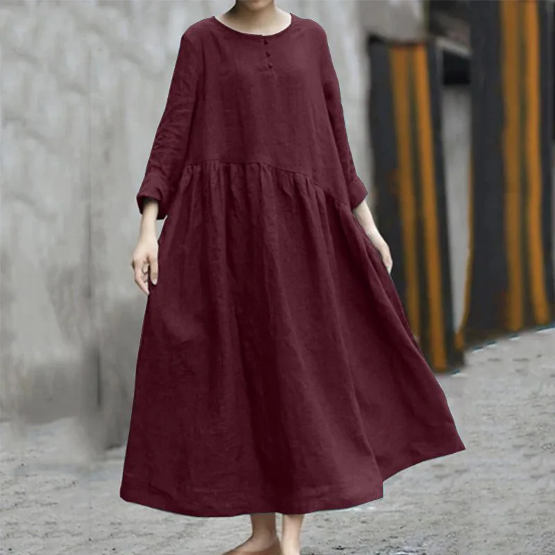 Plus size cotton and linen casual dress 4XL 5XL 6XL  fashion ladies round neck long sleeve irregular patchwork pocket dress new