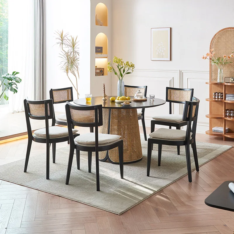 

Wabi Sandy Wind Solid Wood Round Table Black Household Rattan Dining Table and Chair Combination Small Apartment