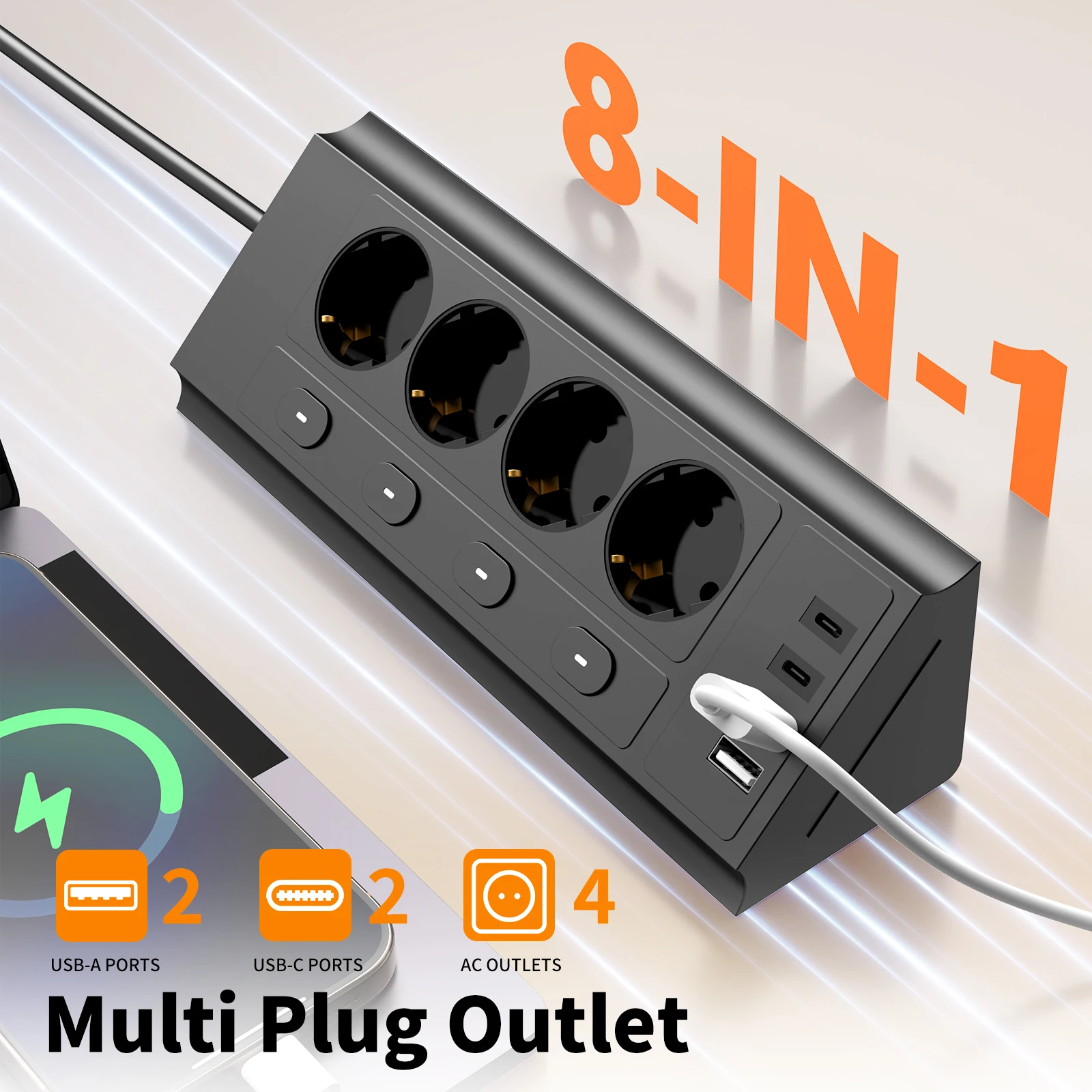 EU desktop corner power strip, a power strip with multiple switches independently controlling the outlets, extension cord power