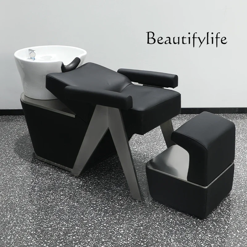 

Barber Shop Half-Lying Shampoo Ceramic Basin Stainless Steel Hairdressing Flushing Bed for Hair Salon Massage Couch