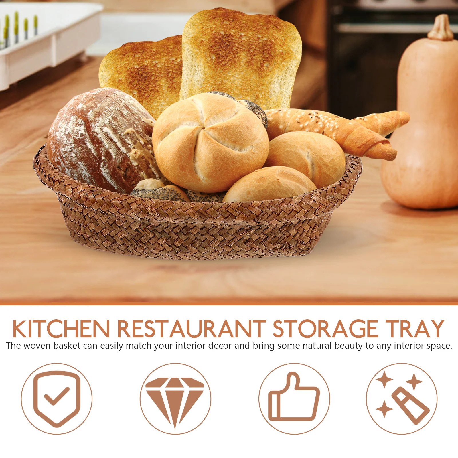 

1pc Woven For Storage Small Straw Woven Basket Kitchen Food Serving Holder Tabletop Organizer Decorative Fruit Tray Bread