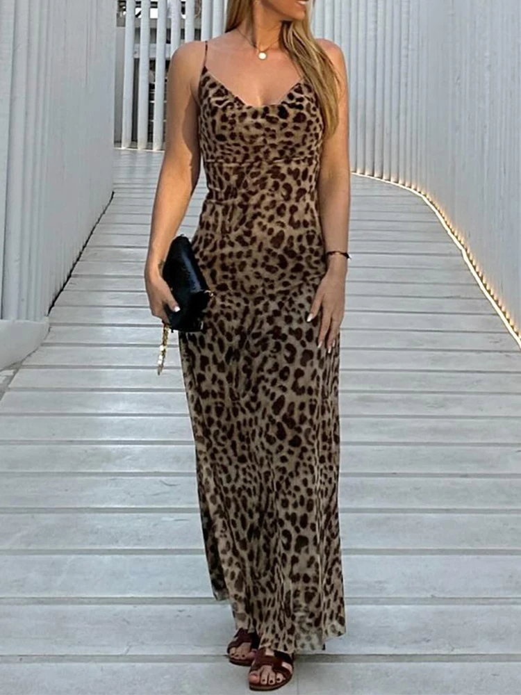 HH 2024 Damen Vintage Leopardenmuster Neckholder Kleid Sexy ärmellos rückenfrei elegante lange Kleider Party Party schlanke Kleider