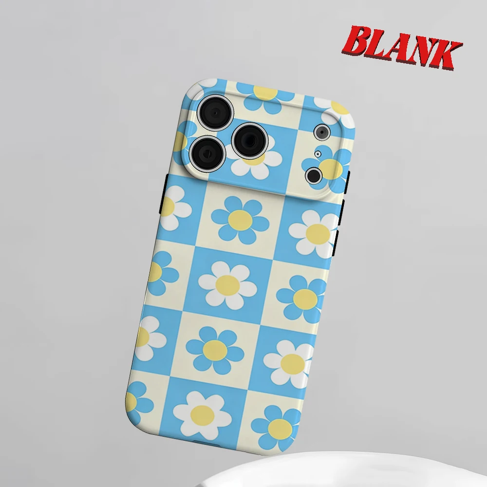 

Sky Blue Check Floral 2-in-1 Phone Case For iPhone 17 16 15 14 13 Pro Max Air 16e INS Flower Hard PC Bumper Cover Coque