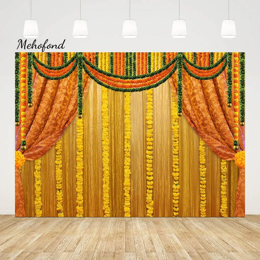 

Mehofond Indian Marigold Garlands Wedding Photography Backdrop Curtain Anniversary Bridal Shower Traditional Background Photos