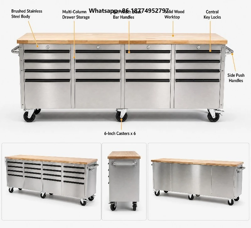 Stainless Steel Workbench with Powder Coated Wood Cabinet Tool Cart for Garage Workshop