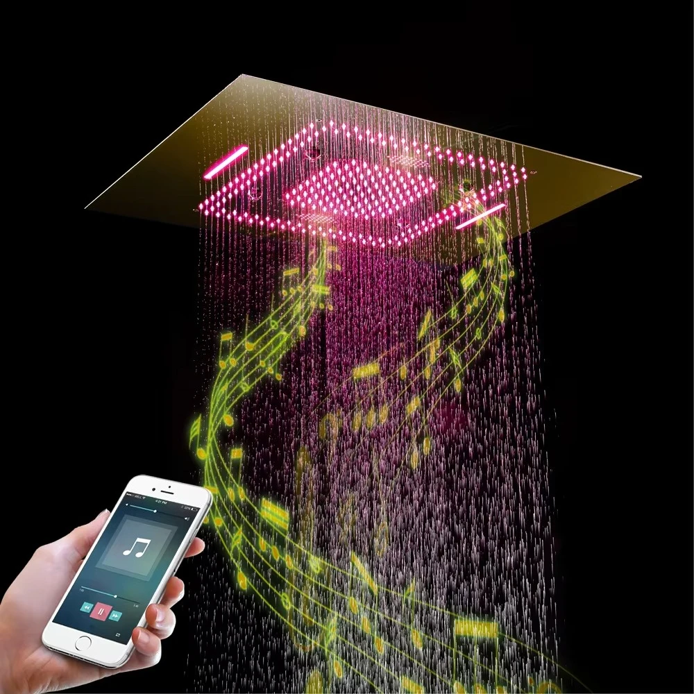 600x800mm Gold Led Shower Head with Music System Thermostatic Control  Waterfall Rain Shower Faucet Set