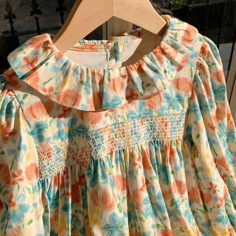 Children's Clothing Lotus Leaf Collar Handmade Gathered Printed Girls' Dress2025Autumn New Sweet Long Sleeve Princess Dress