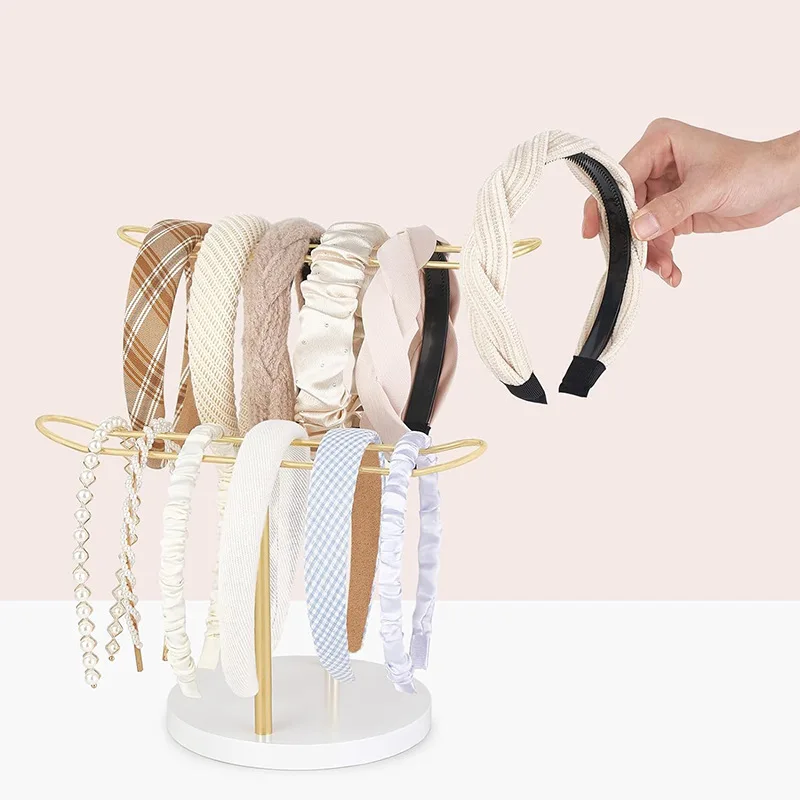 

Golden Luxury Headband Holder & Jewelry Stand - Metal & Wood Base with Detachable Durable Organizer for Hairbands/Bracelets