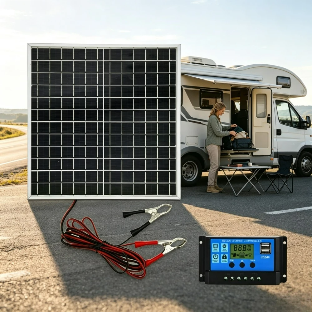 12W Outdoor Grade Monocrystalline Solar Panel Complete Kit 12V LCD Solar Charge Controller Clamp Wire Harness Aluminum Frame