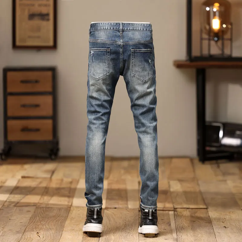 Newly Designer Fashion Men Jeans High Quality Retro Blue Stretch Slim Fit Ripped Jeans Embroidery Patched Vintage Denim Pants
