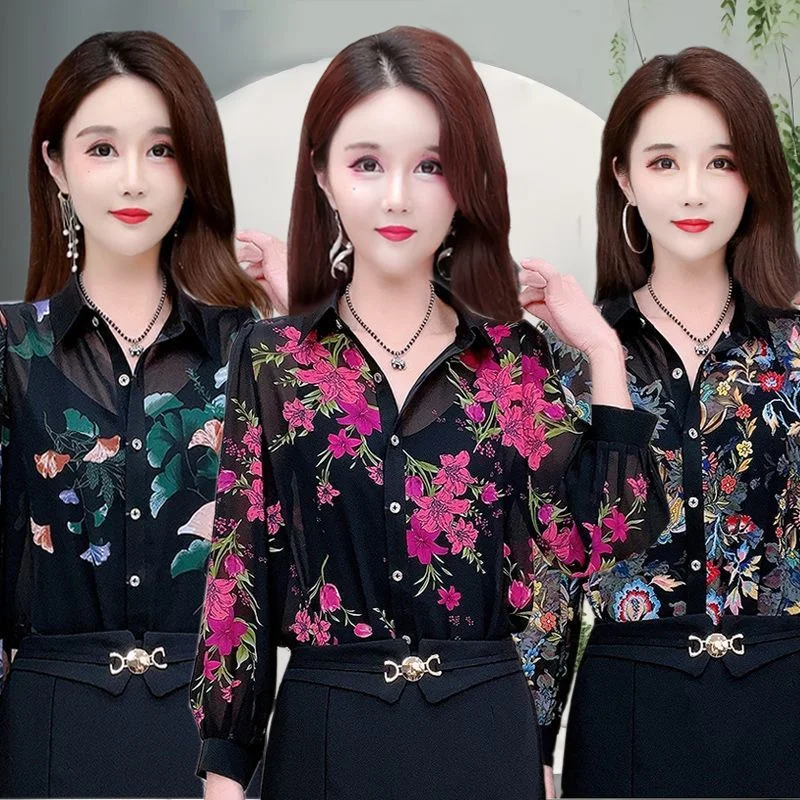 ملابس نسائية للربيع والصيف على قميص الأم الجديد والغلاف الجوي، قميص يقلل من العمر، قميص مطبوع أنيق وأنيق للسيدات