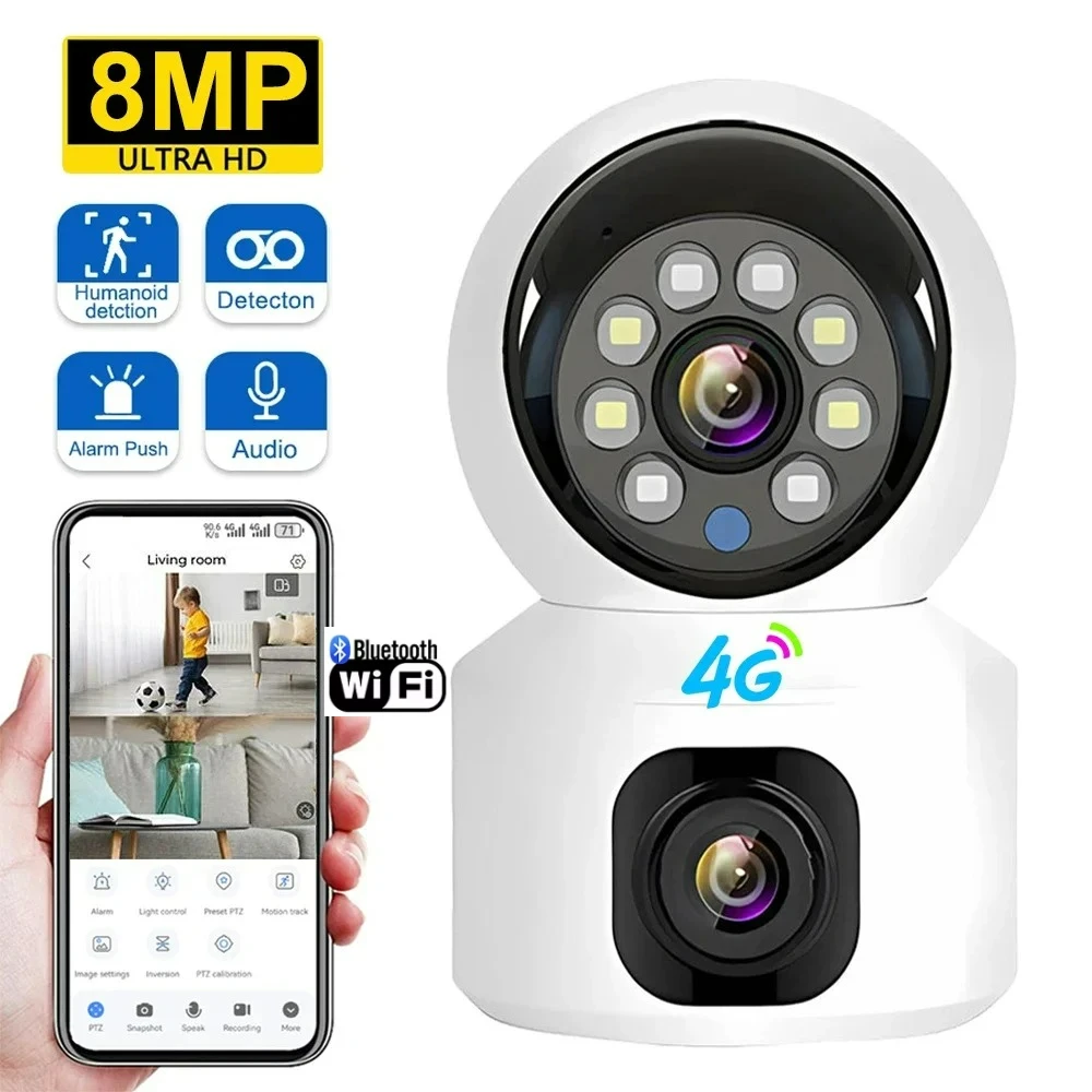 4G SIM IP WIFI Telecamera 8MP Wireless Doppia Lente Visione Notturna Baby Monitor Interno Rilevamento Umano Video Camara CCTV Sicurezza V380 Pro